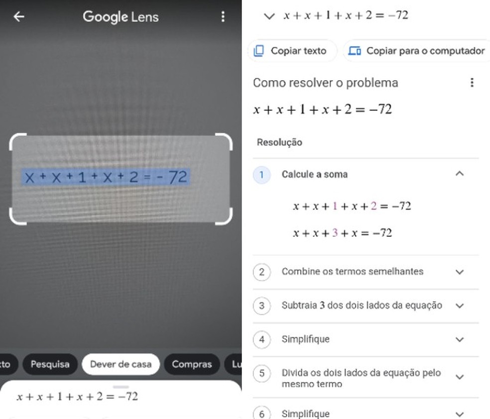Resolvendo problemas matemáticos com o Google Lens — Foto: Reprodução/Paola Mansur